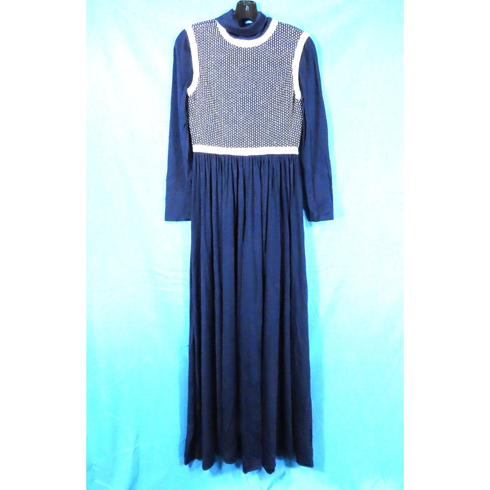 VTG Navy Blue POLY KNIT DRESS Silver Metallic Trim HOSTESS PARTY MAXI sz XS/S